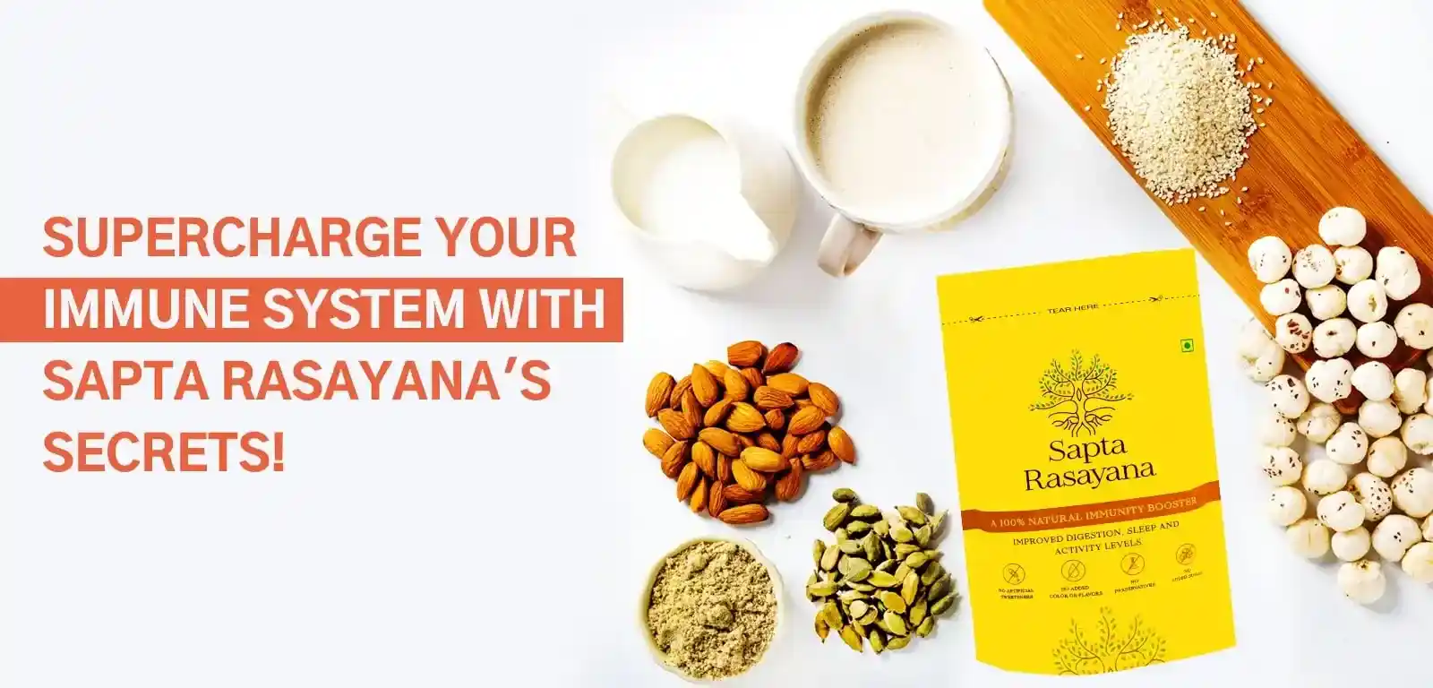 Sapta Rasayana Immunity Booster Powder with Ingredients: Makhana, Poppy Seeds, Almonds, Milk, and Cardamom